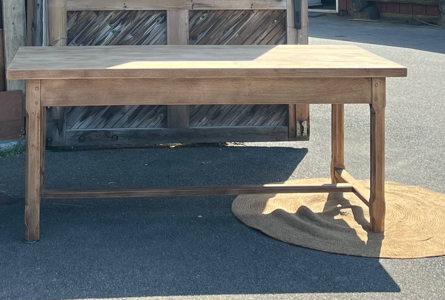 Large renovated antique table with 2 extensions in raw solid oak.