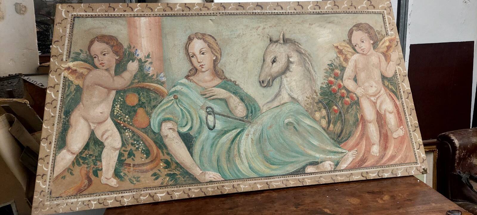 Allegory large painted tempera panel on decorative canvas 170x80 cm