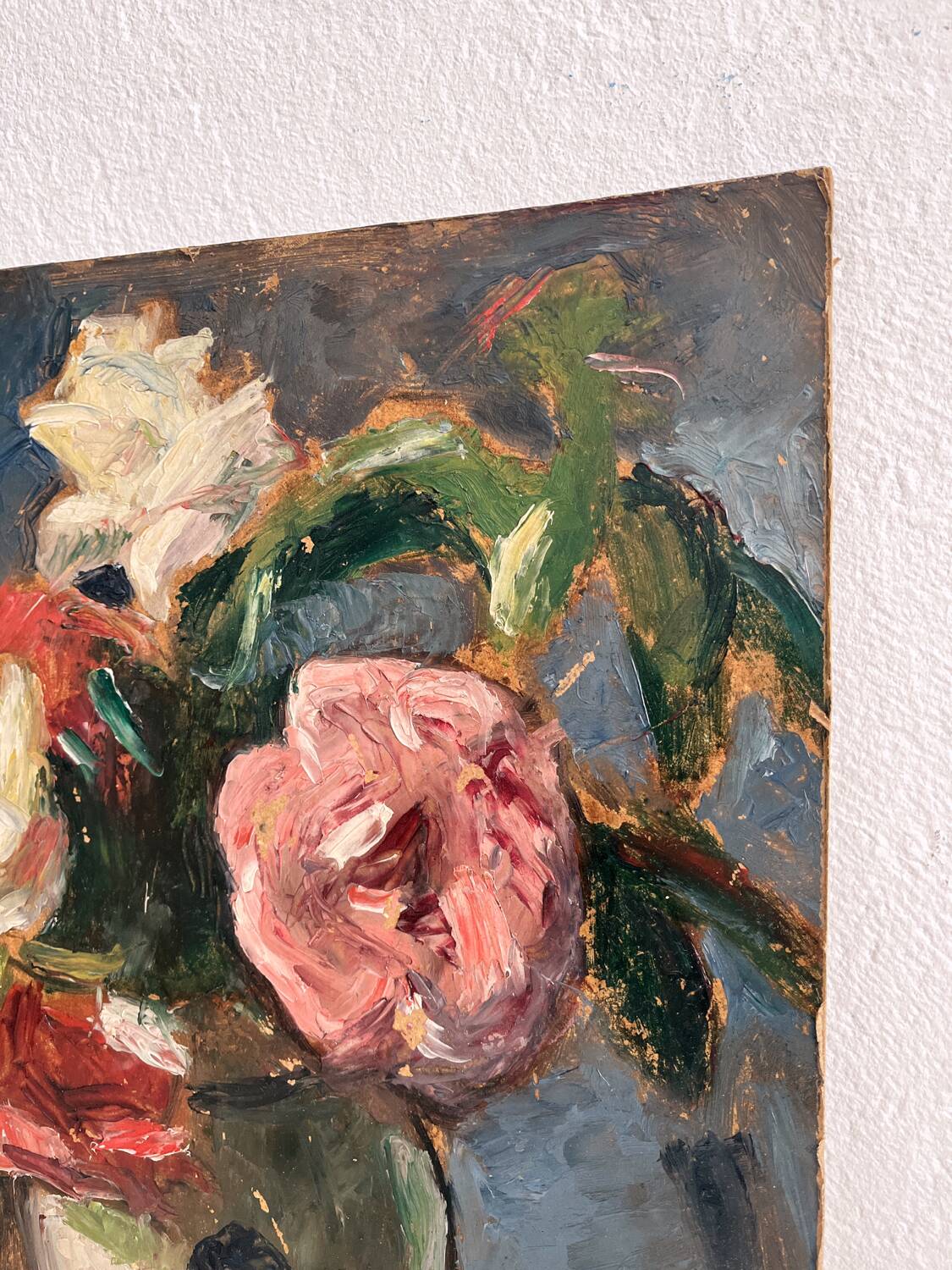 Old oil painting on cardboard bouquet of flowers and fruits