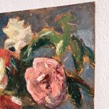 Old oil painting on cardboard bouquet of flowers and fruits