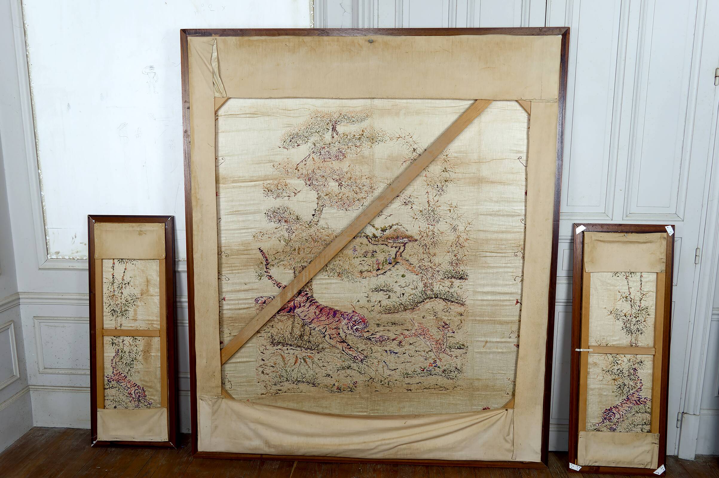 Important Set of Three Indochinese Silk Embroidered Tapestries