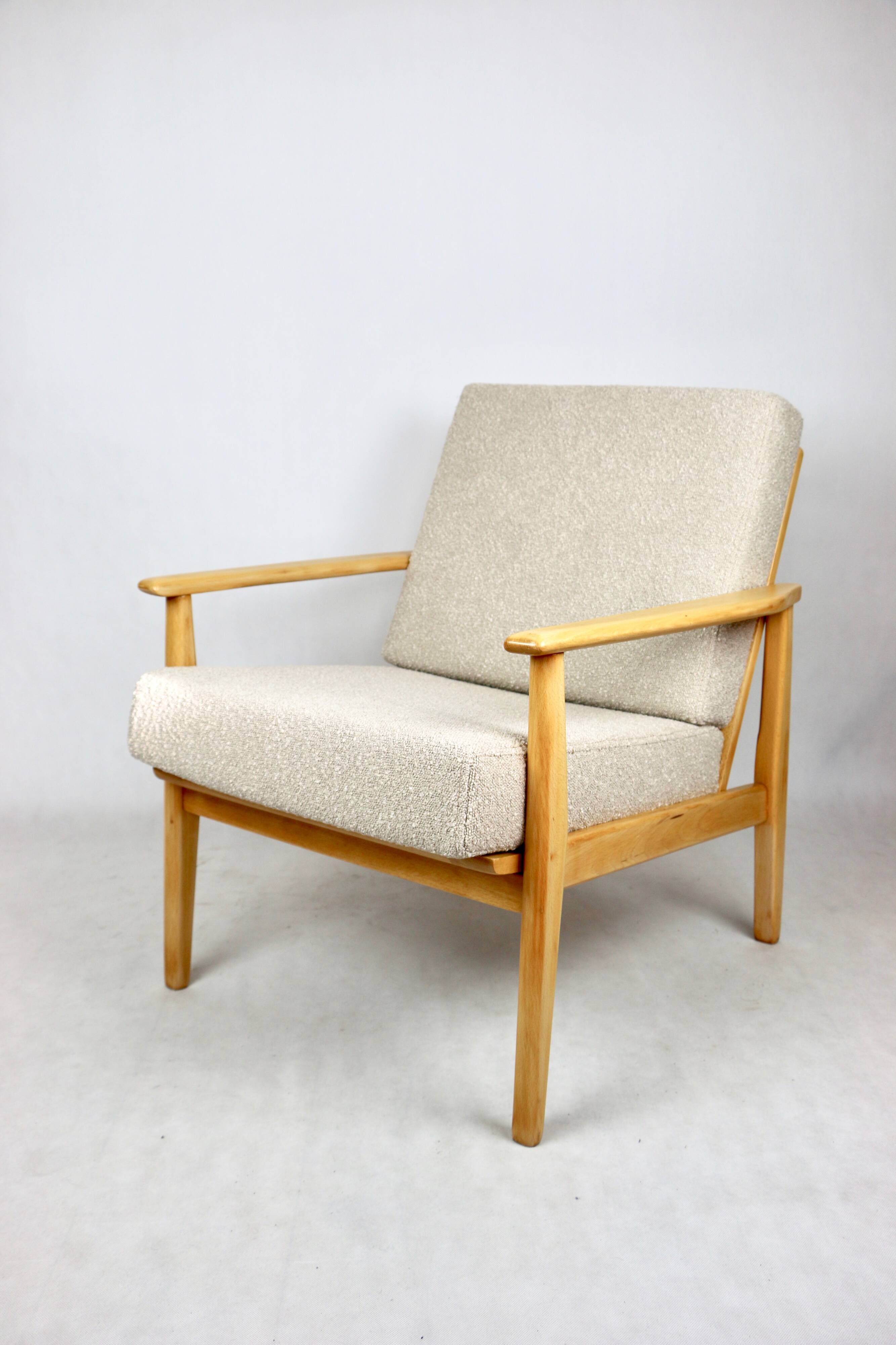 Vintage Danish armchair, 1970s, beige boucle - light wood - 2 pieces available