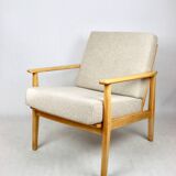 Vintage Danish armchair, 1970s, beige boucle - light wood - 2 pieces available