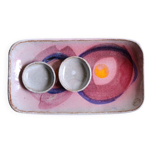 Coupe en grès décor abstrait pièce unique signée années 70/80