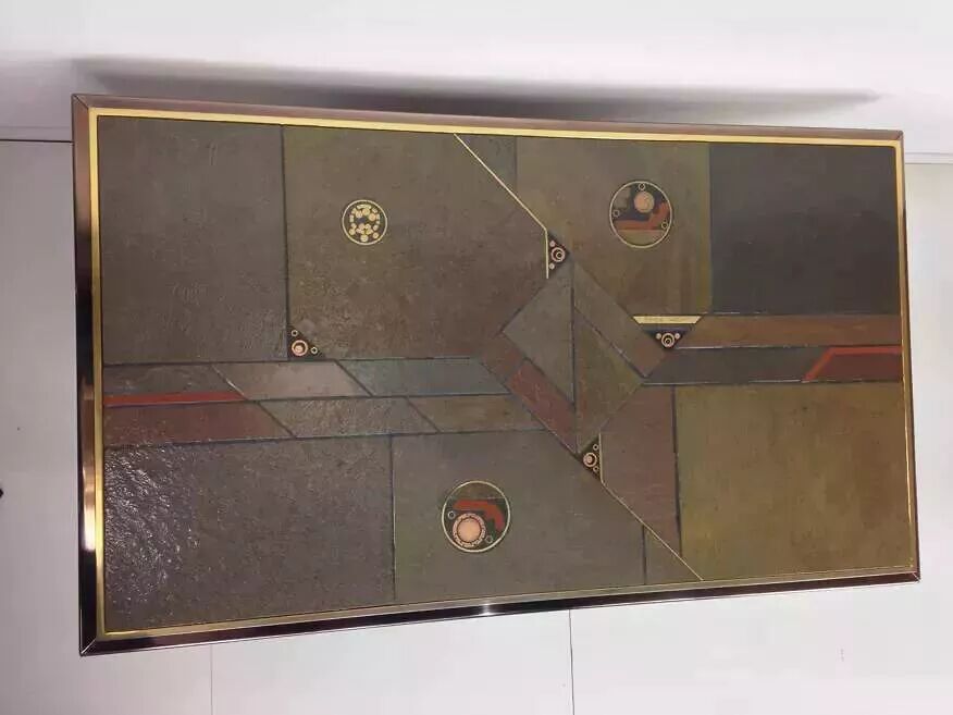 70s Brutalist Coffee Table in Brass, Bronze and Stone