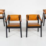 Mid-Century Modern 4 Armchairs in the style of Scarpa, Wood and Leather, Italy, 1960s