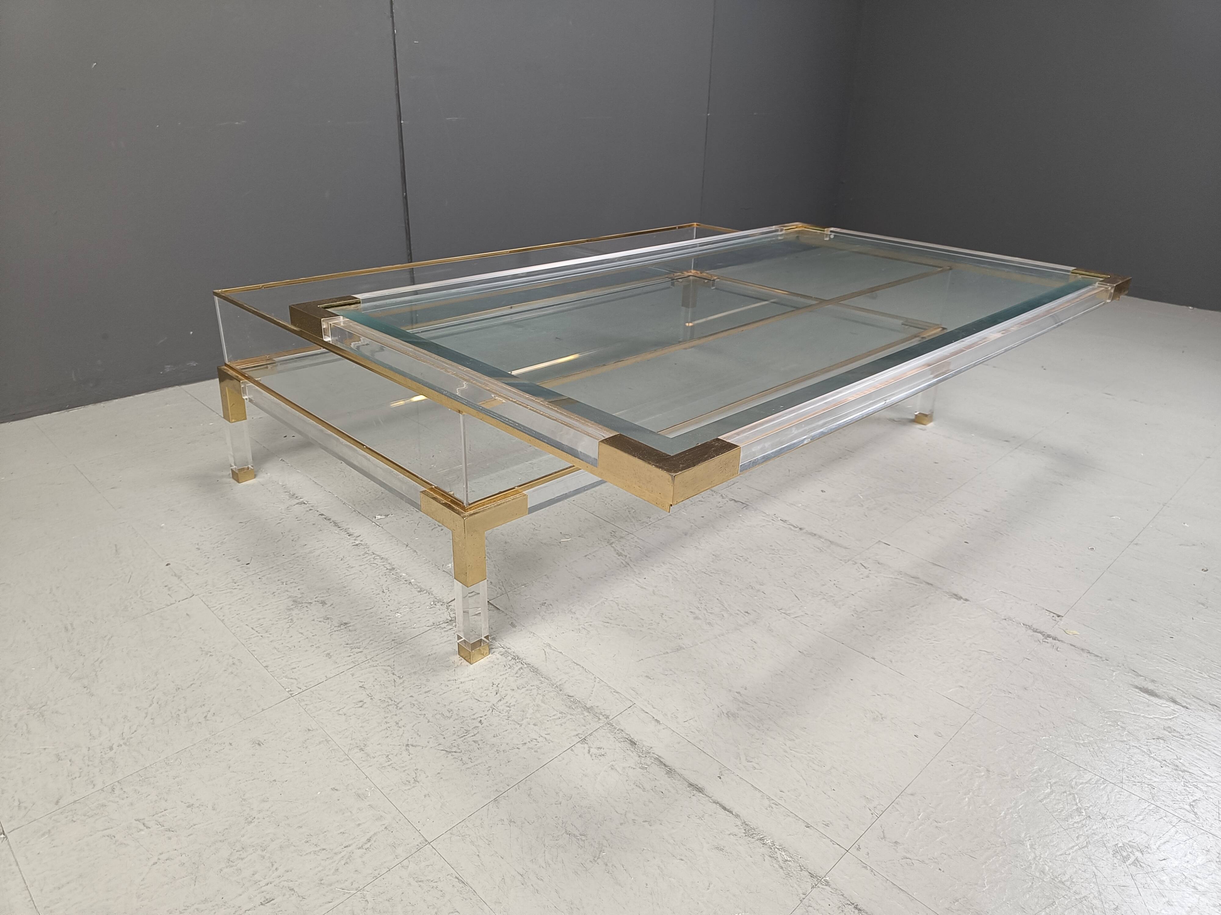 Vintage lucite and brass sliding top coffee table, 1970s