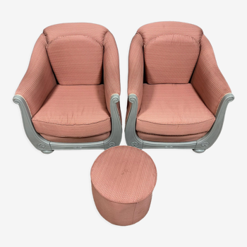 Paire de fauteuils bergères et pouf Art Déco en bois laqué