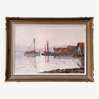 Peinture à l’huile vintage de paysage marin suédois moderne du milieu du siècle « Coastal Sunset », encadrée