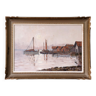 Peinture à l’huile vintage de paysage marin suédois moderne du milieu du siècle « Coastal Sunset », encadrée