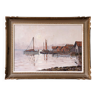 Mid-Century Modern Swedish "Coastal Sunset" Vintage Seascape Oil Painting, Framed