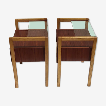 Pair of bedsides wood and glass 50s