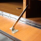 Restored Danish teak rolling media console, 1970s.