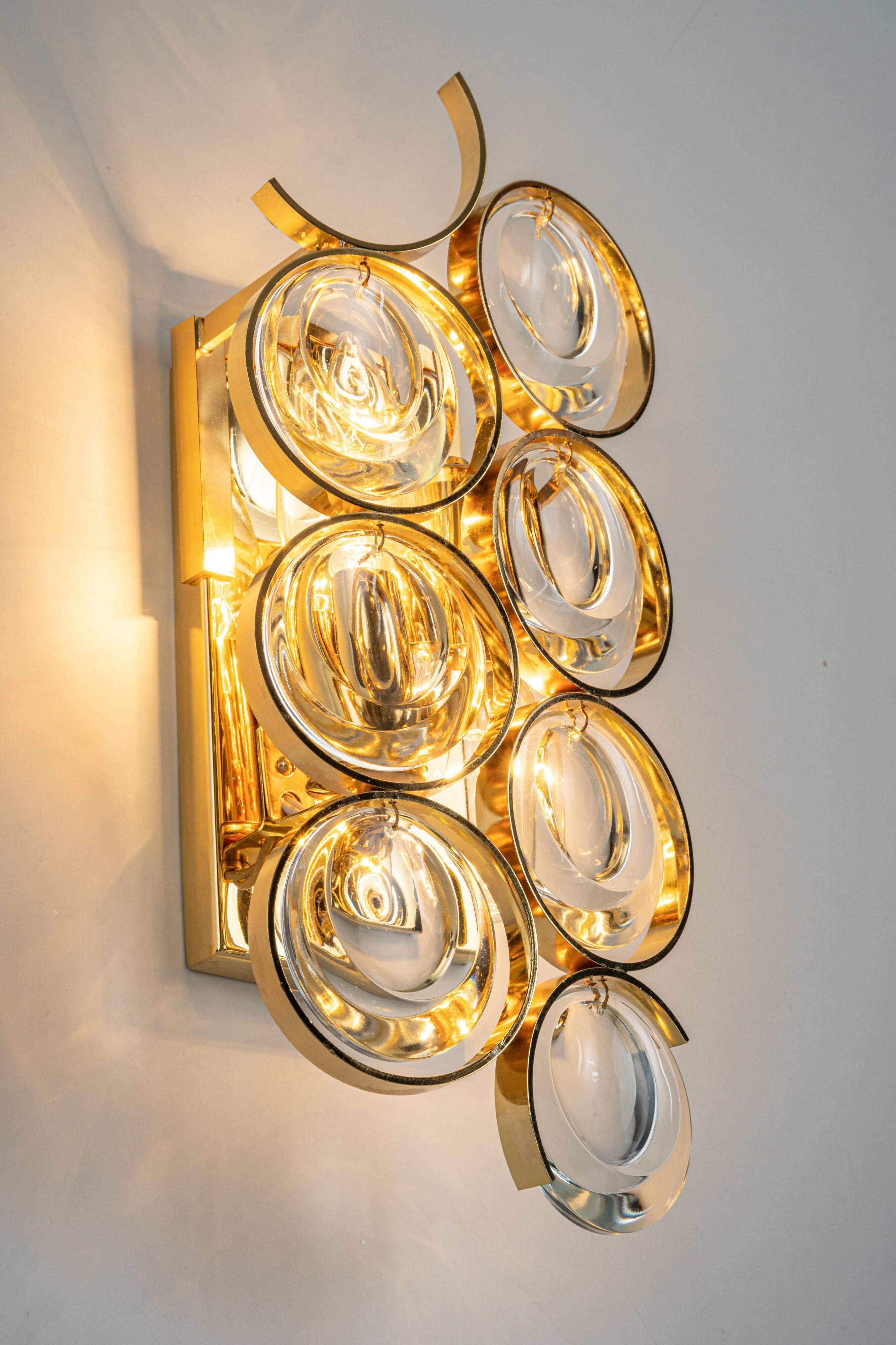 Golden brass and crystal wall light by Palwa, Germany, 1960s.