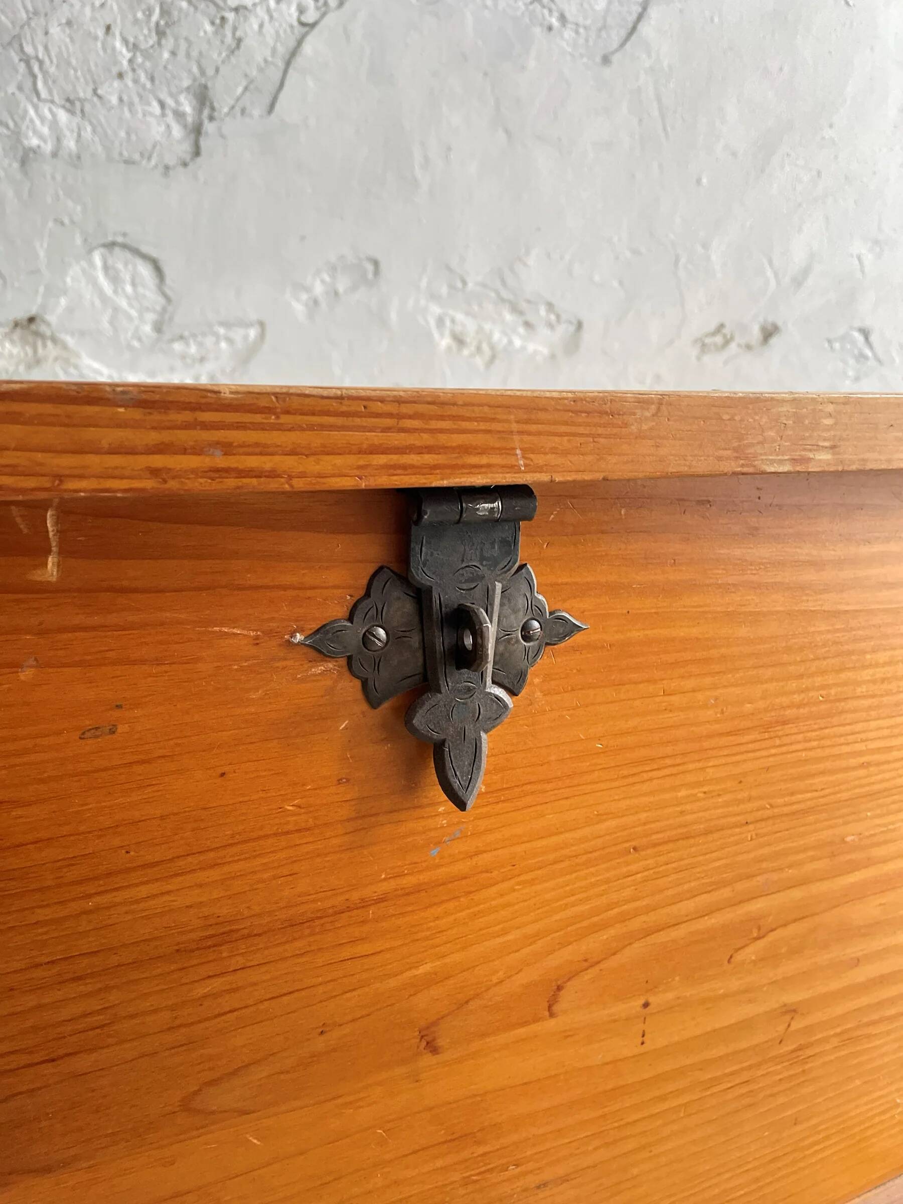 Swiss solid pine chest with wrought iron fittings, mid-20th century.