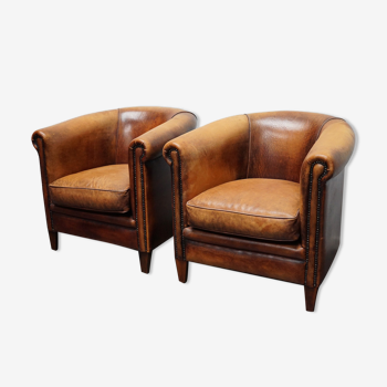 Paire de fauteuils en cuir vintage hollandais de couleur cognac
