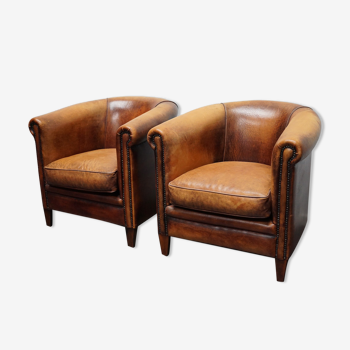 Vintage Dutch Cognac Colored Leather Club Chair, Set of 2