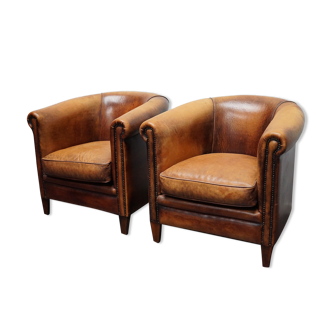 Paire de fauteuils en cuir vintage hollandais de couleur cognac