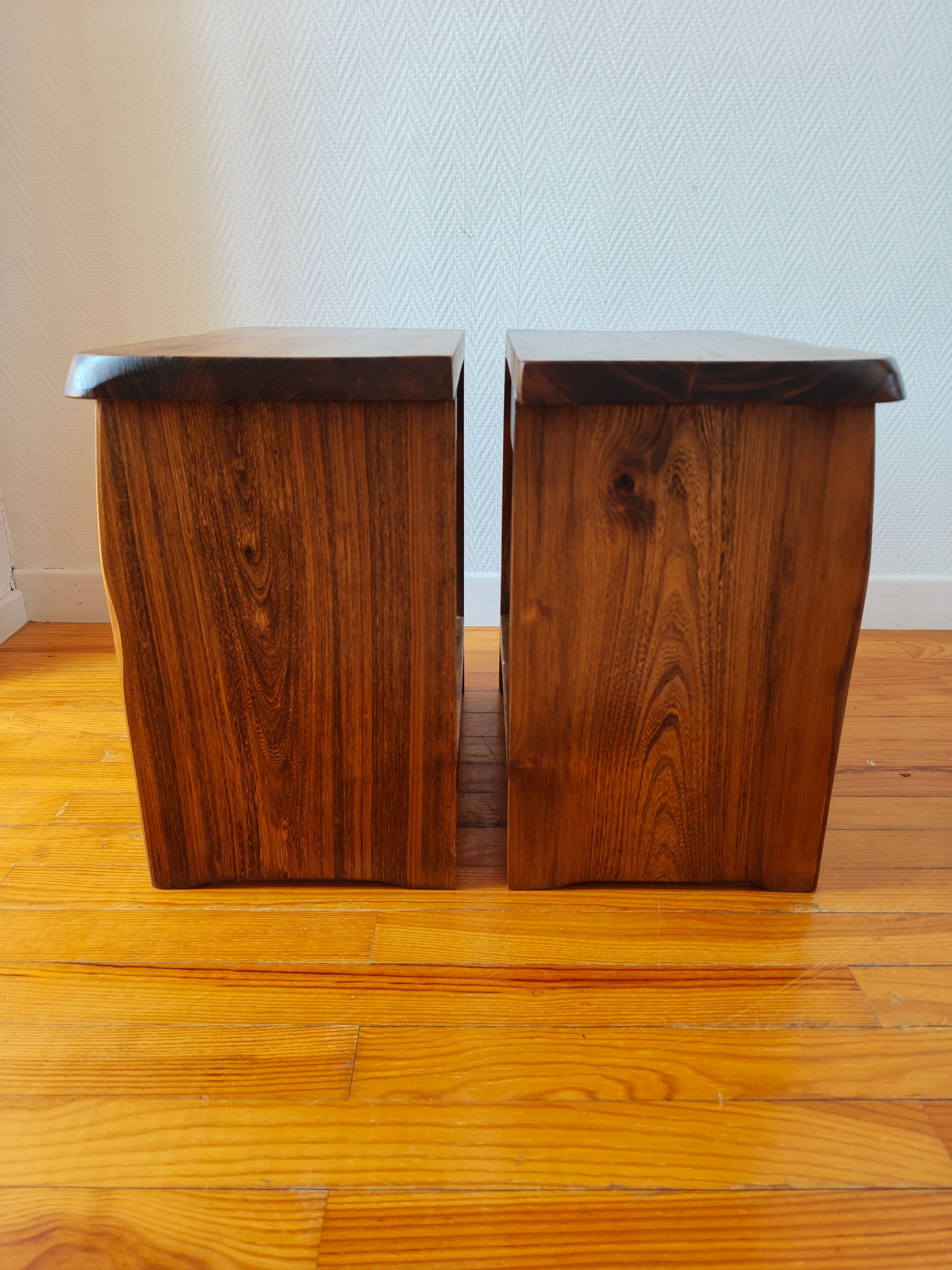 Pair of solid elm bedside tables, France 1970.