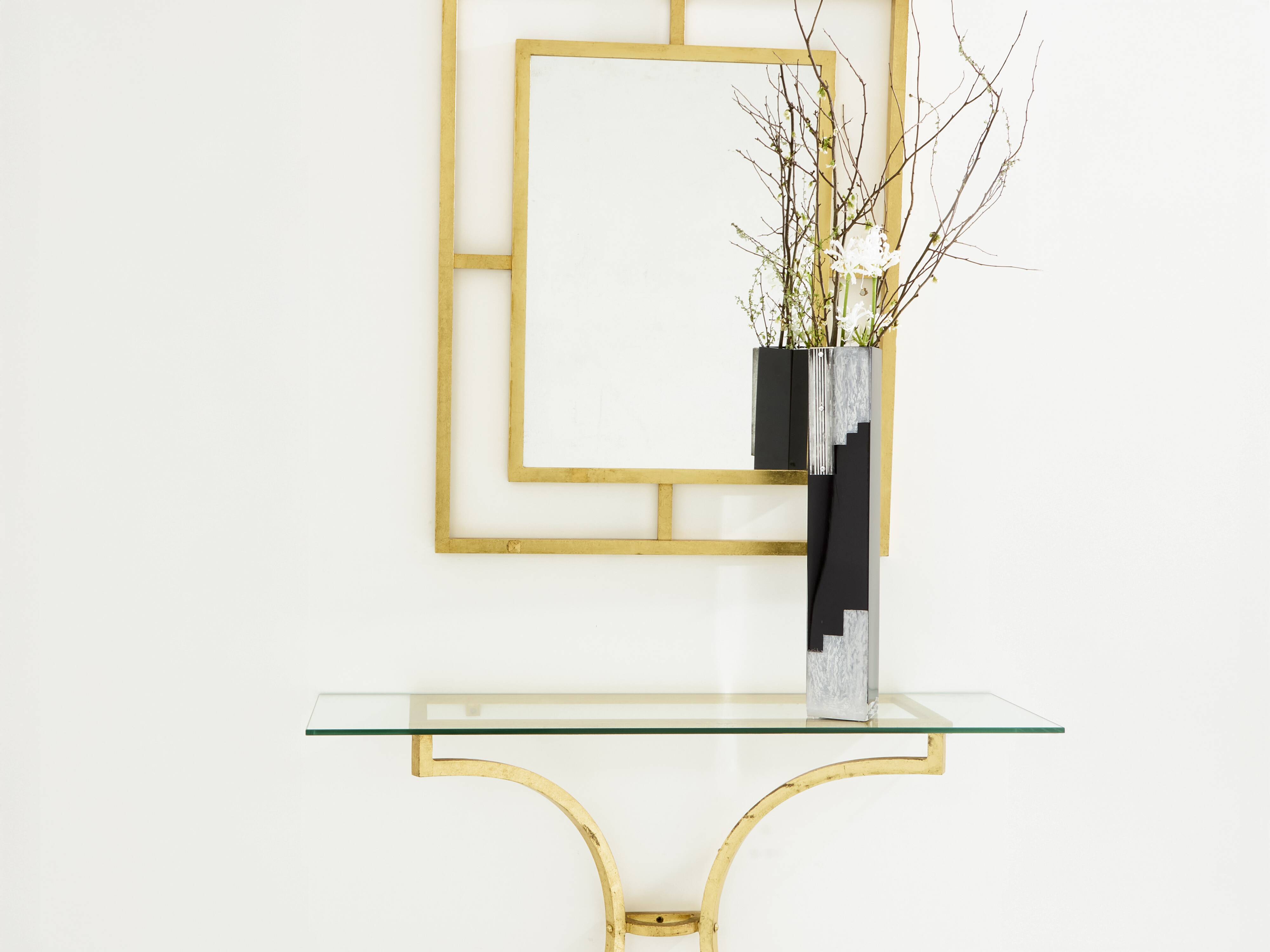 Console et miroir en fer forgé dorée de Robert Thibier années 60