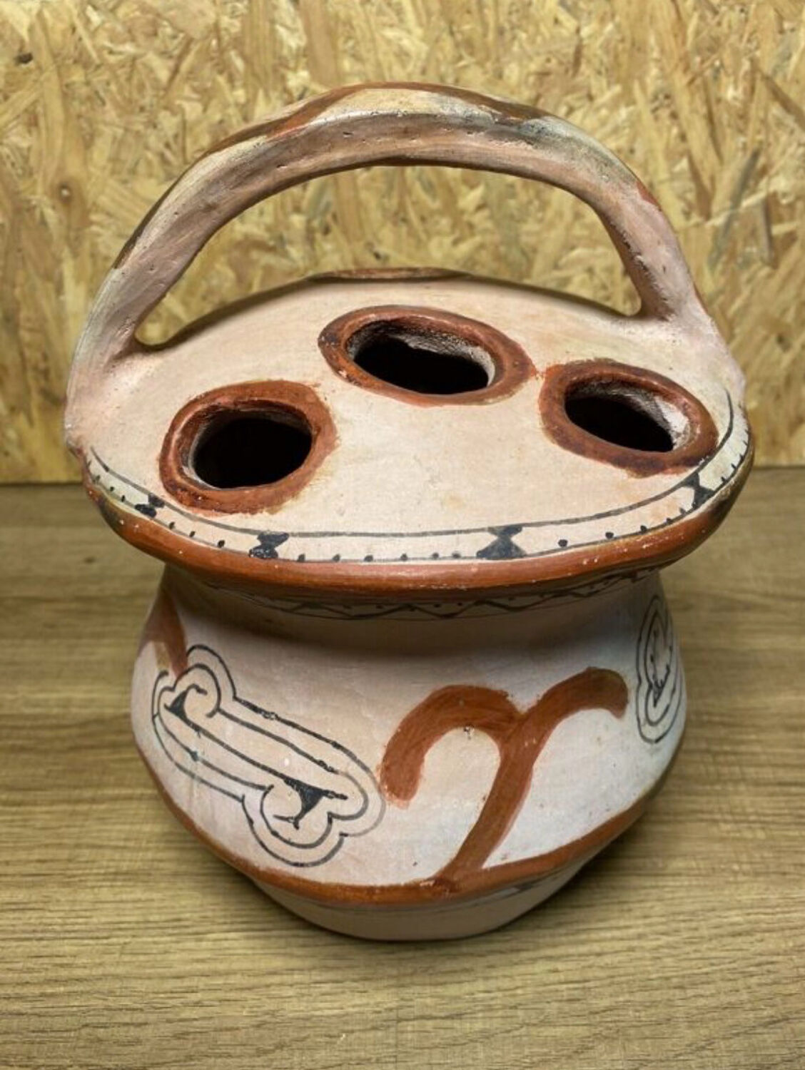 Ancient Berber flower holder, painted terracotta, vintage ethnic vase.