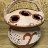 Ancient Berber flower holder, painted terracotta, vintage ethnic vase.