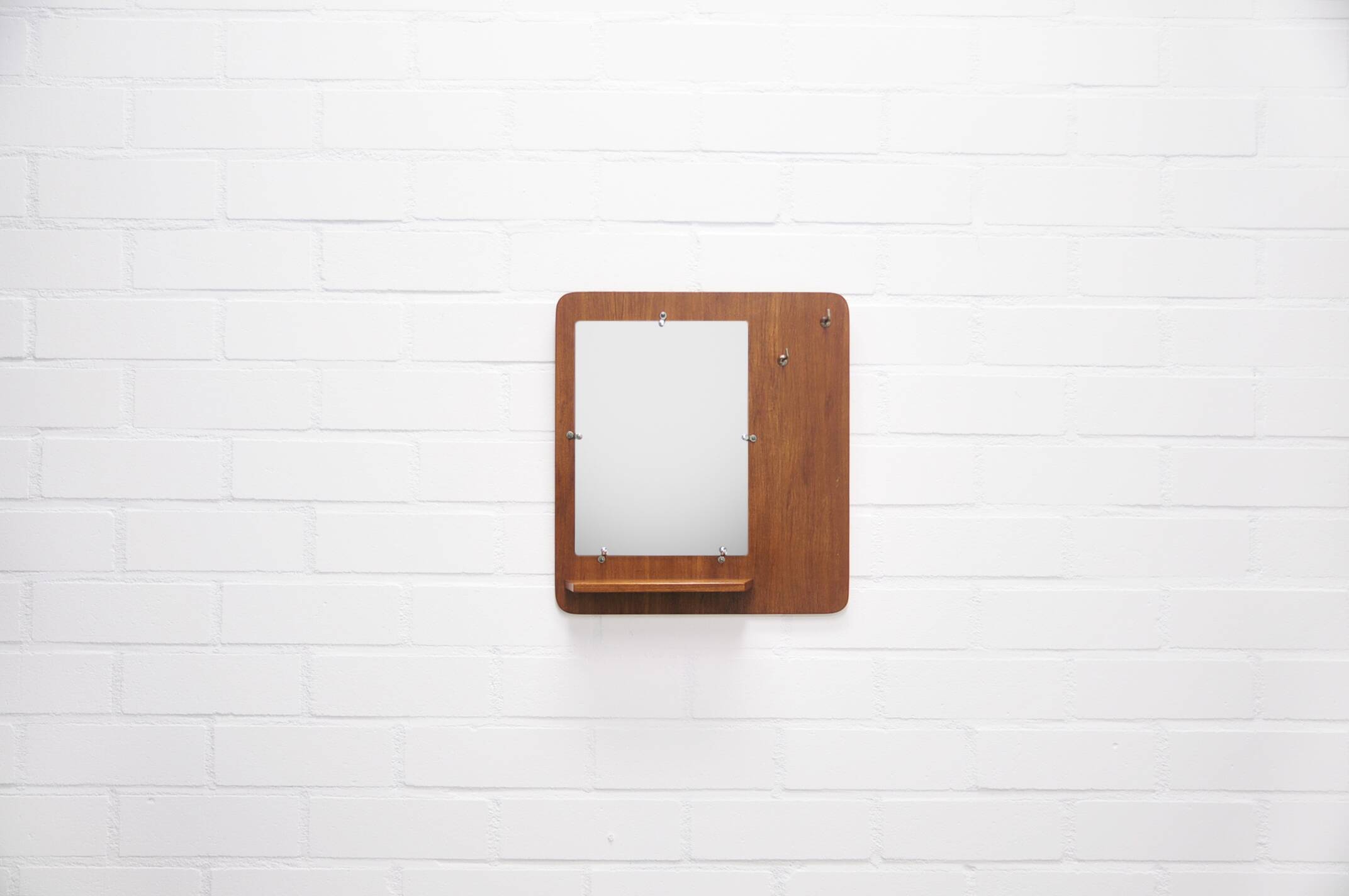 vintage teak wall mirror with hooks