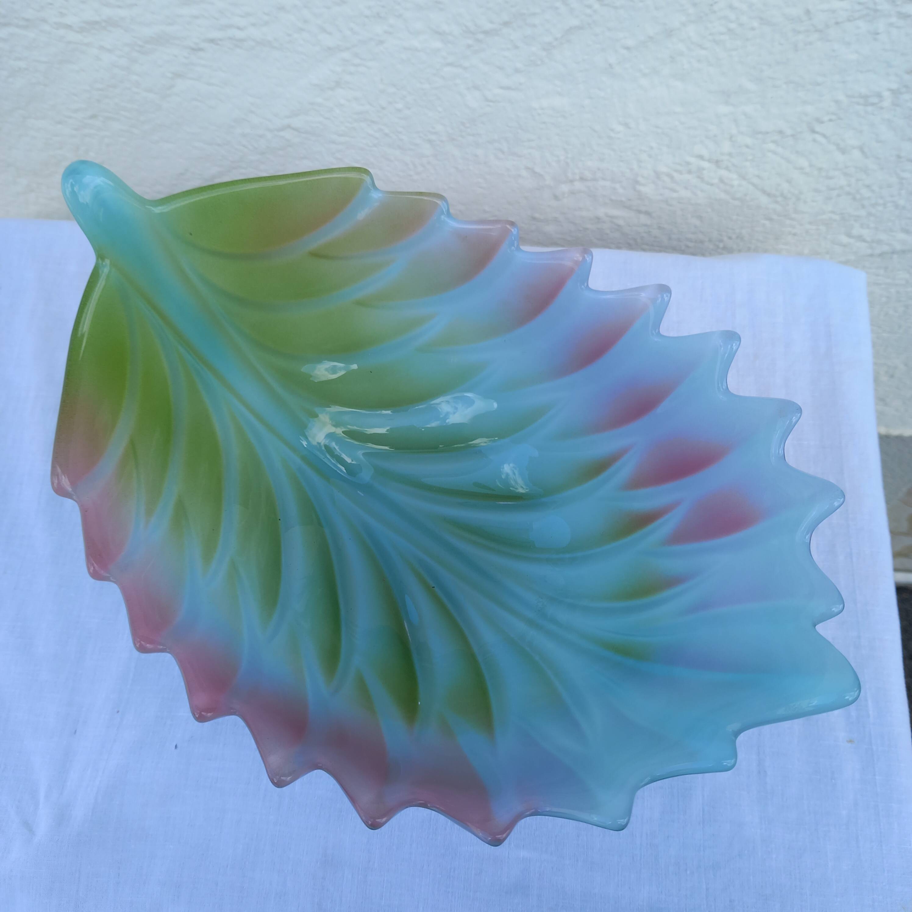 Large colored glass leaf bowl
