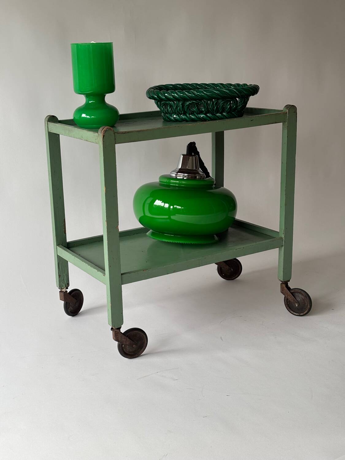 Painted wooden serving trolley, patinated, circa 1950