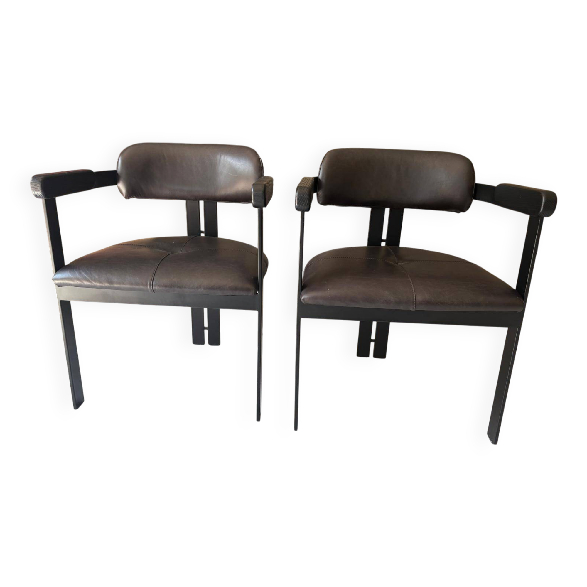 Set of 2 black leather and metal armchairs