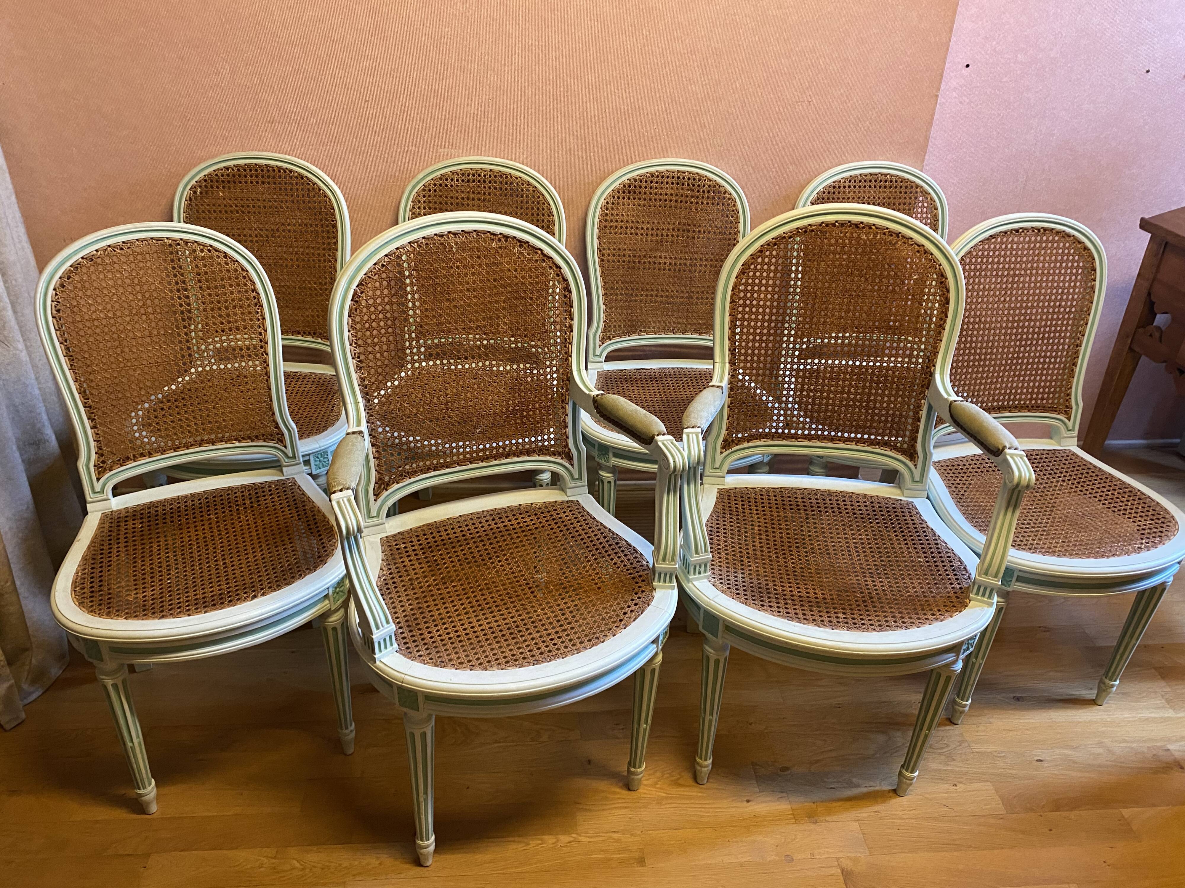 6 chaises 2 fauteuils en cannage, de style L.XVI , peint vert clair