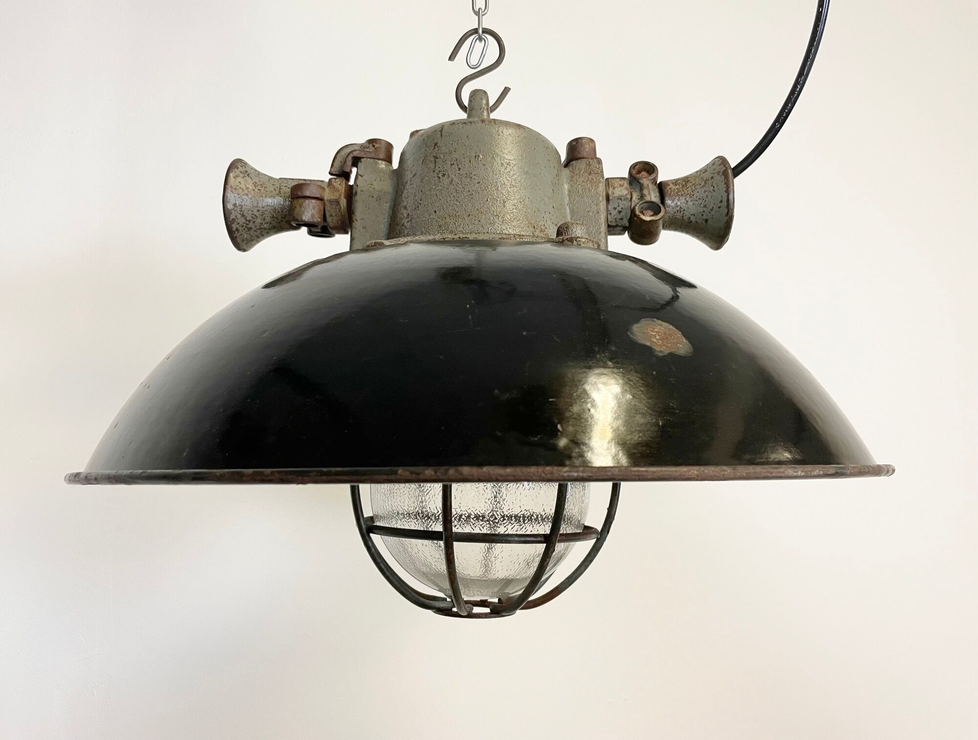 Black Enamel and Cast Iron Industrial Cage Pendant Light, 1950s