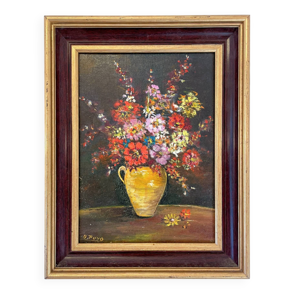 Tableau ancien - Fleurs dans un pichet jaune