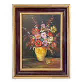 Tableau ancien - Fleurs dans un pichet jaune