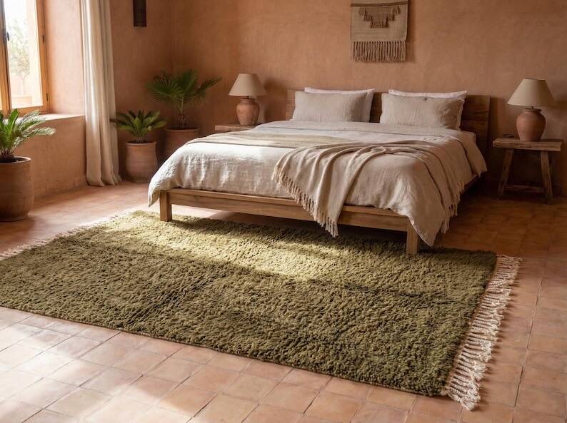Authentic traditional pure wool Berber rug in green, size 1.4/2.6m.