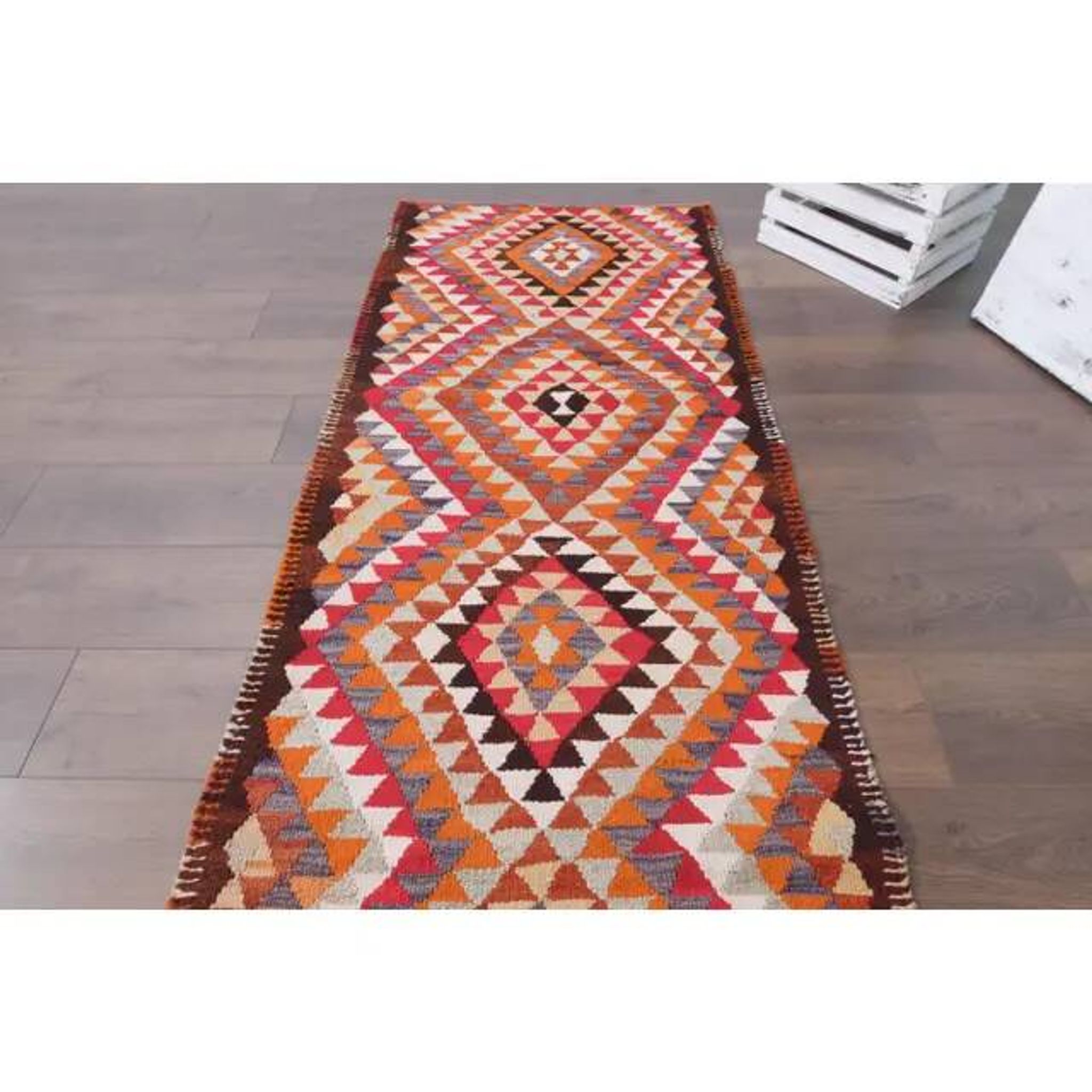 1970s Vintage Turkish Hand-Knotted Wool Cotton Orange Runner Rug 85x330