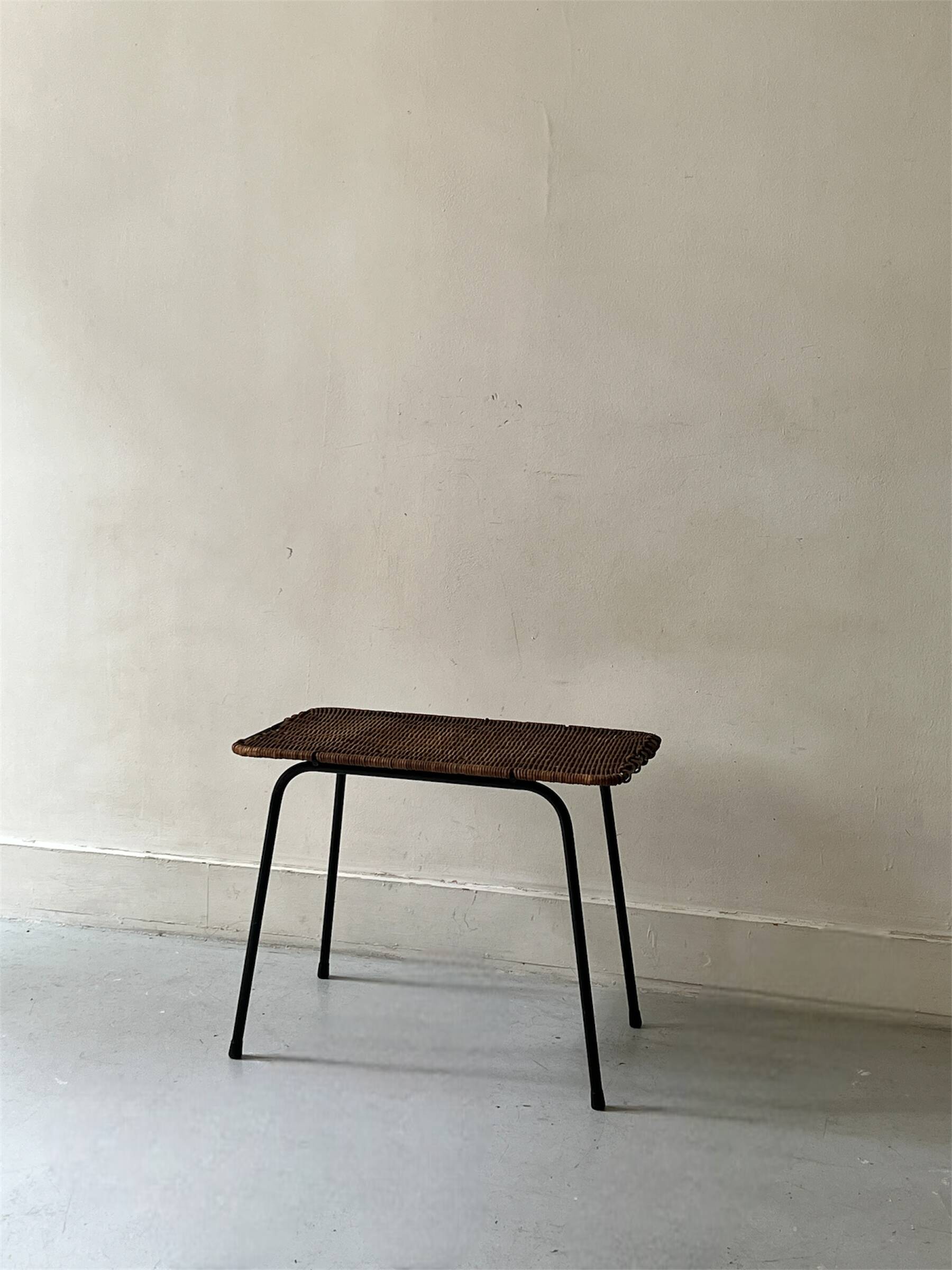 vintage black metal and wicker coffee table, 1950s