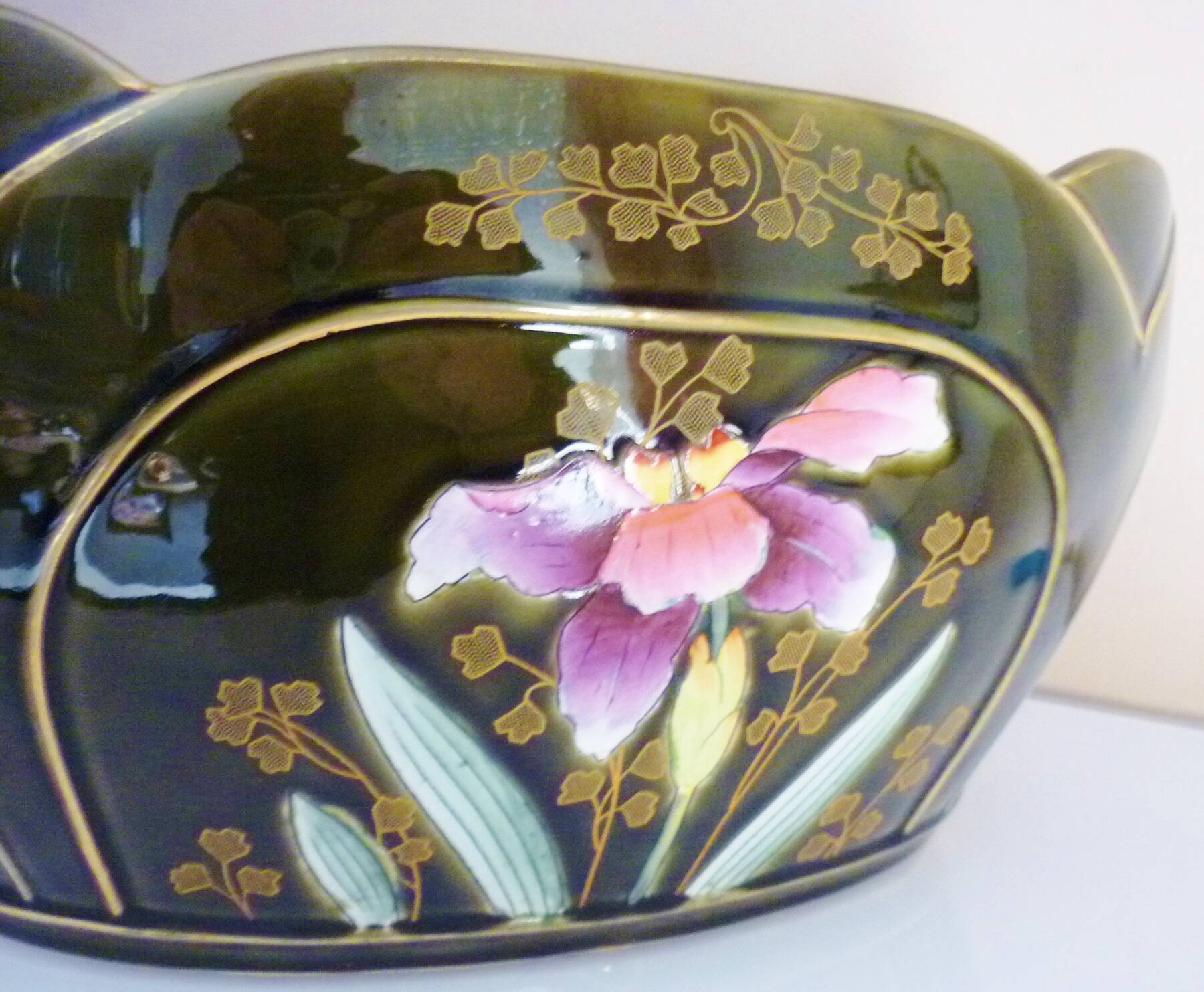Planter, art nouveau, iris, enameled ceramic, signed Gustave De Bruyn, Fives-Lille