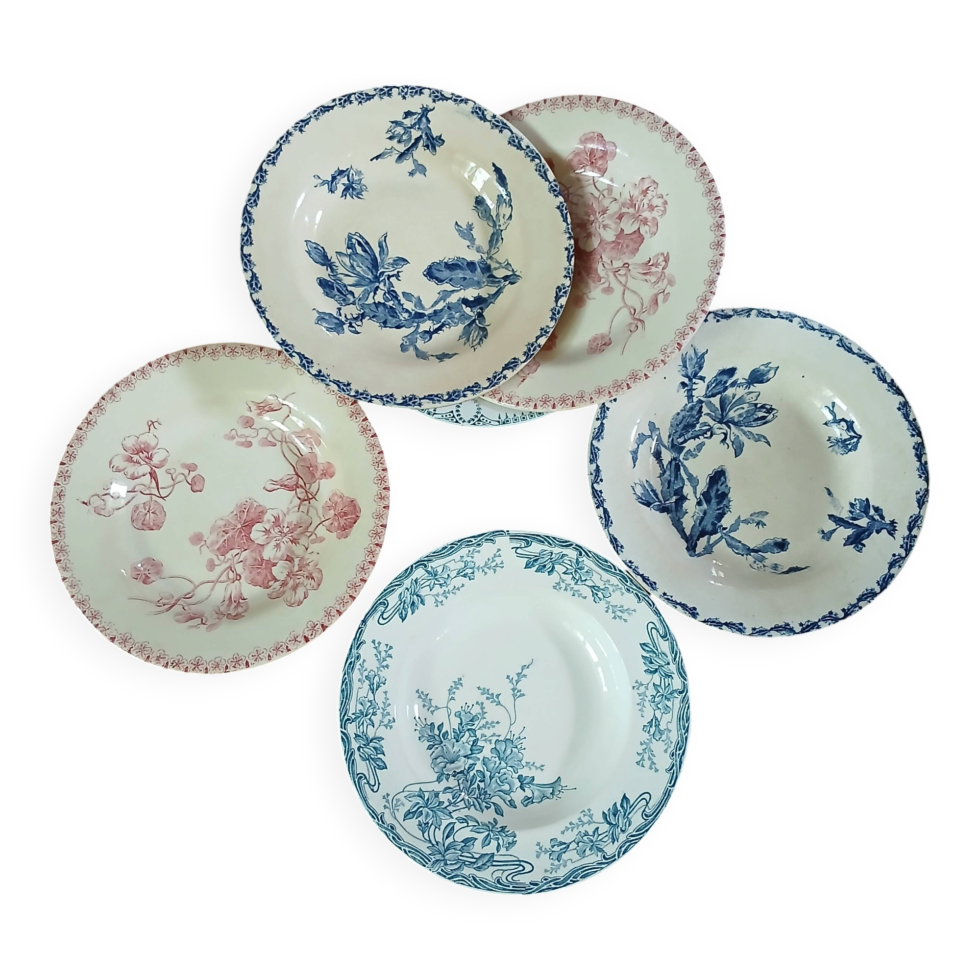6 mismatched vintage deep plates in ironstone