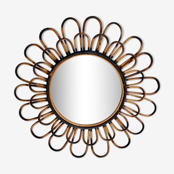 Miroir fleur soleil en rotin osier fumé vintage 1960 1970 47 cm