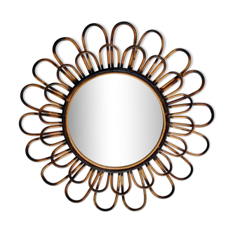 Sun flower mirror in smoked wicker rattan vintage 1960 1970 47 cm