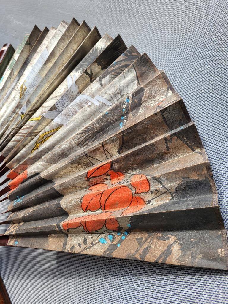 Grand éventail Art Déco grues et Amour en cage