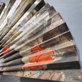 Grand éventail Art Déco grues et Amour en cage