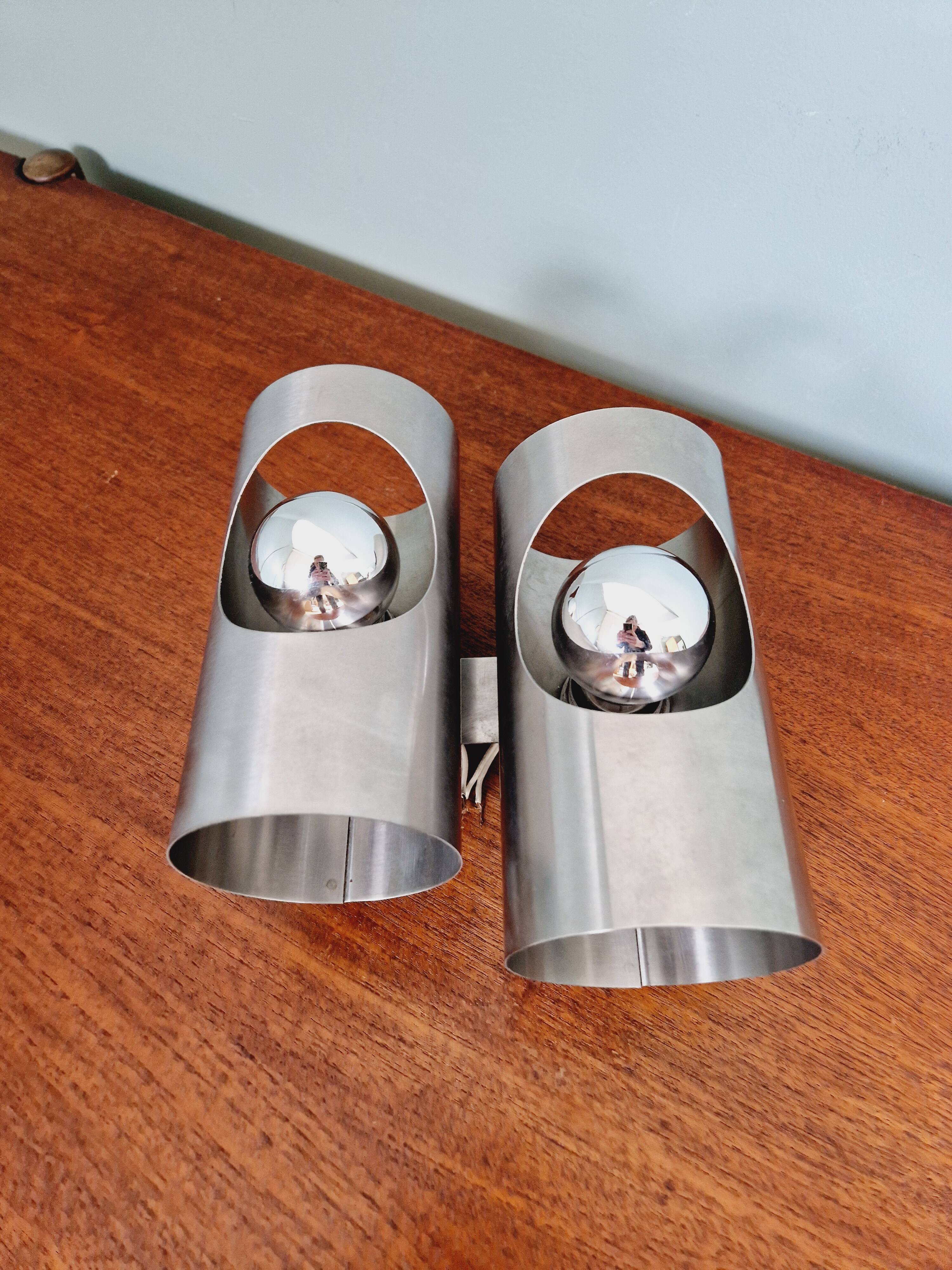 Space Age double wall lamp, in brushed aluminum, 1970s