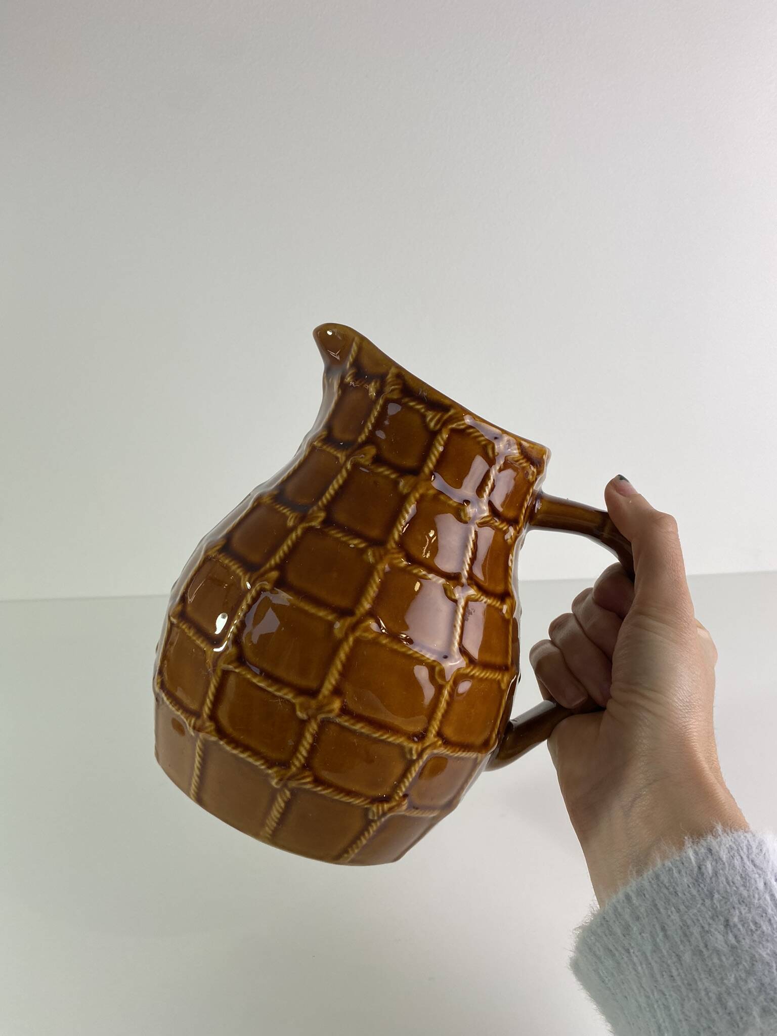 Large Saint-Clément vintage brown rope pitcher 1950