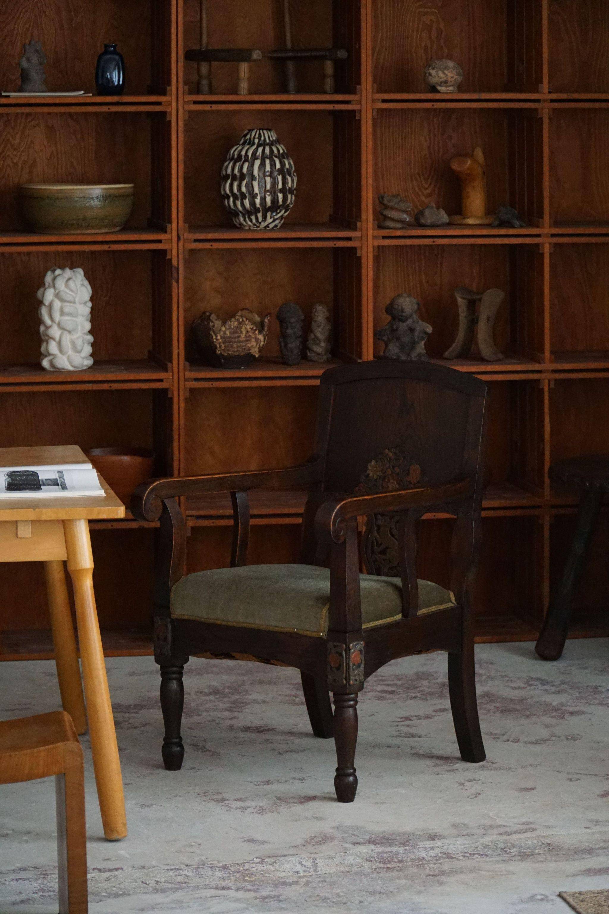 Hand-carved oak and velvet armchair, Danish furniture maker, Art Nouveau, 1939