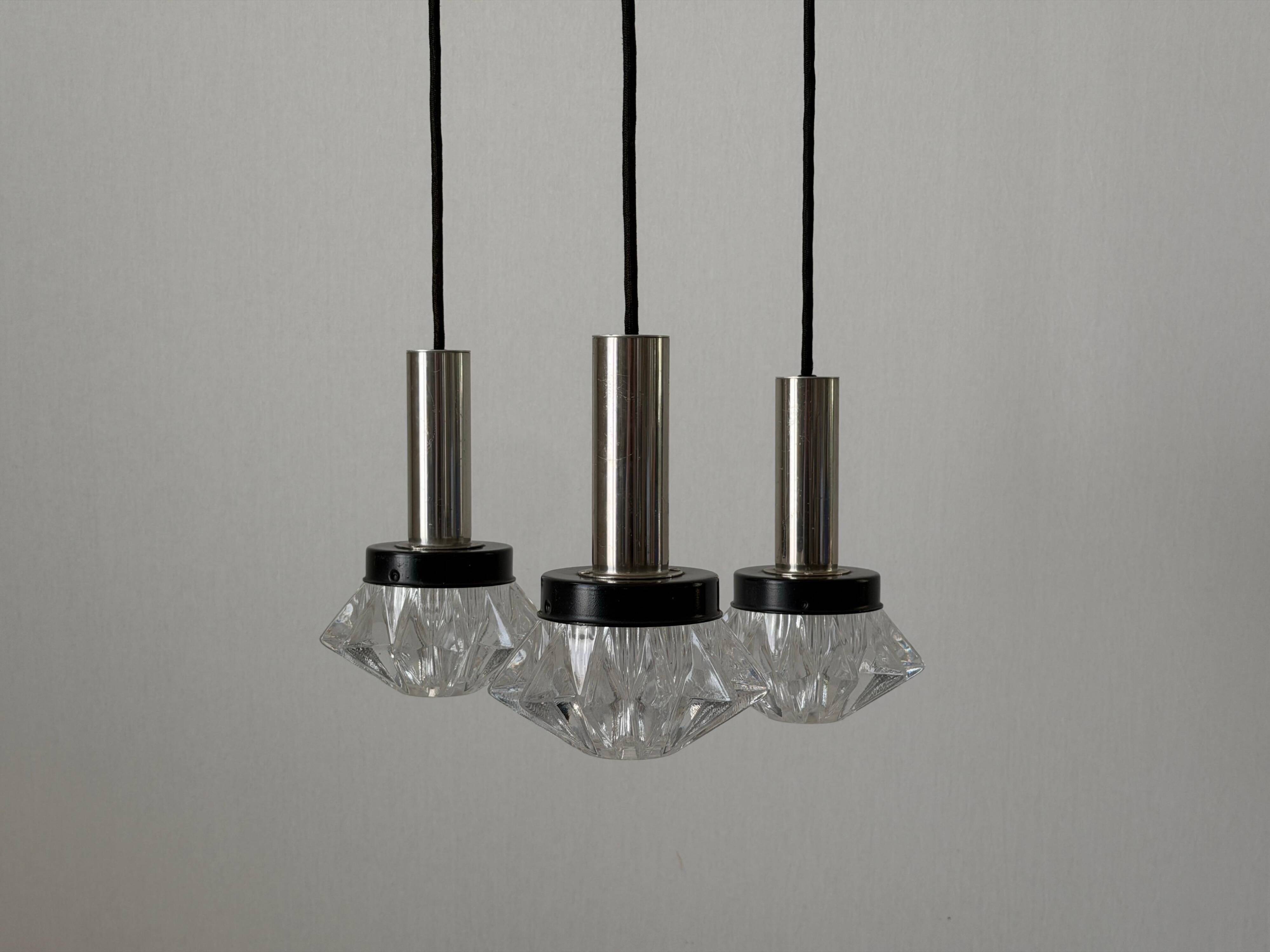 Suspended cascade lamp with 3 glass crystal and metal shades, 1960s, Germany