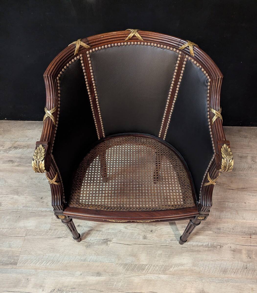 Louis XVI style office chair in mahogany and gilded bronze