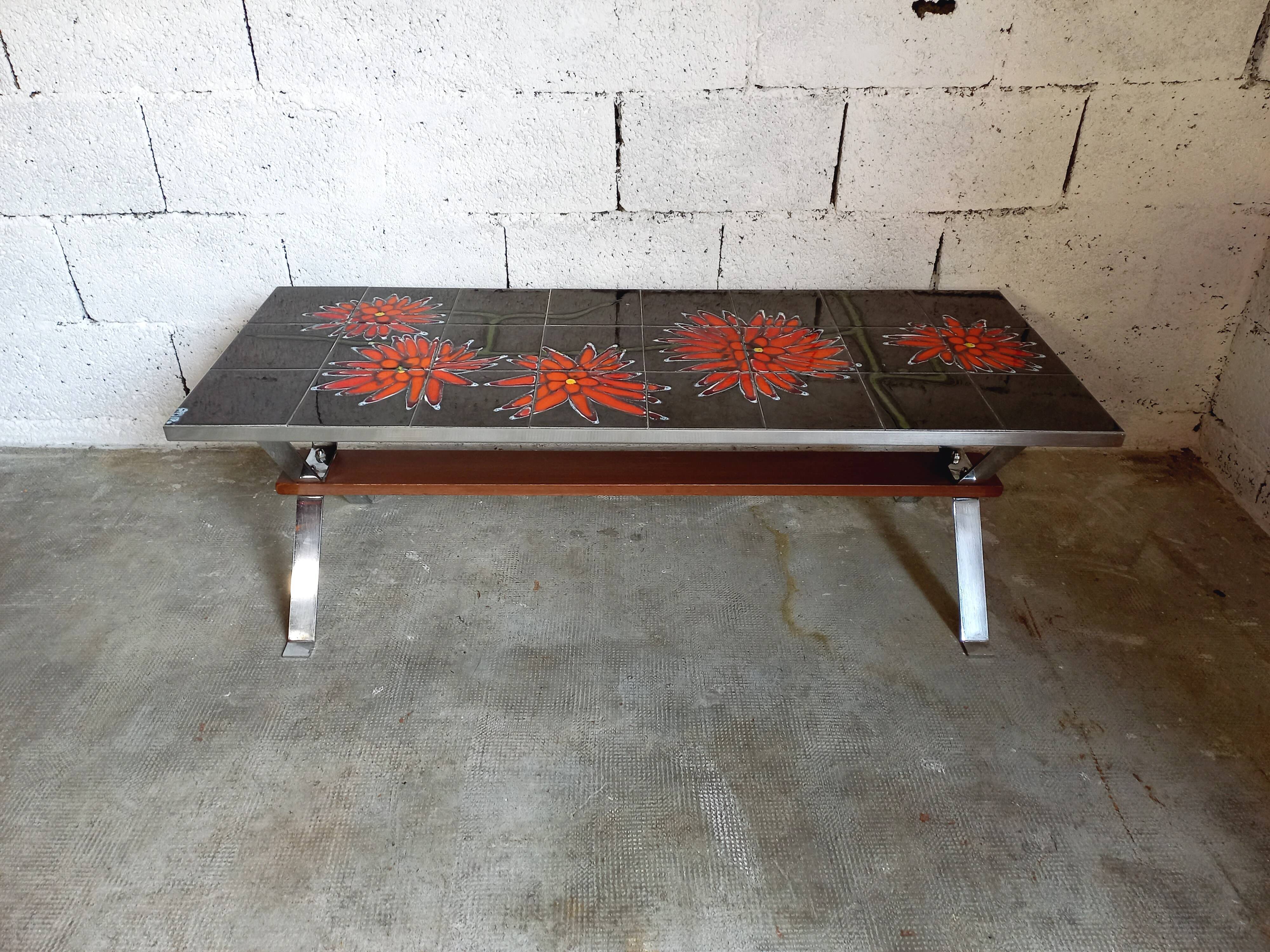Vintage 70s coffee table in ceramic, chrome metal and wood, signed Adri