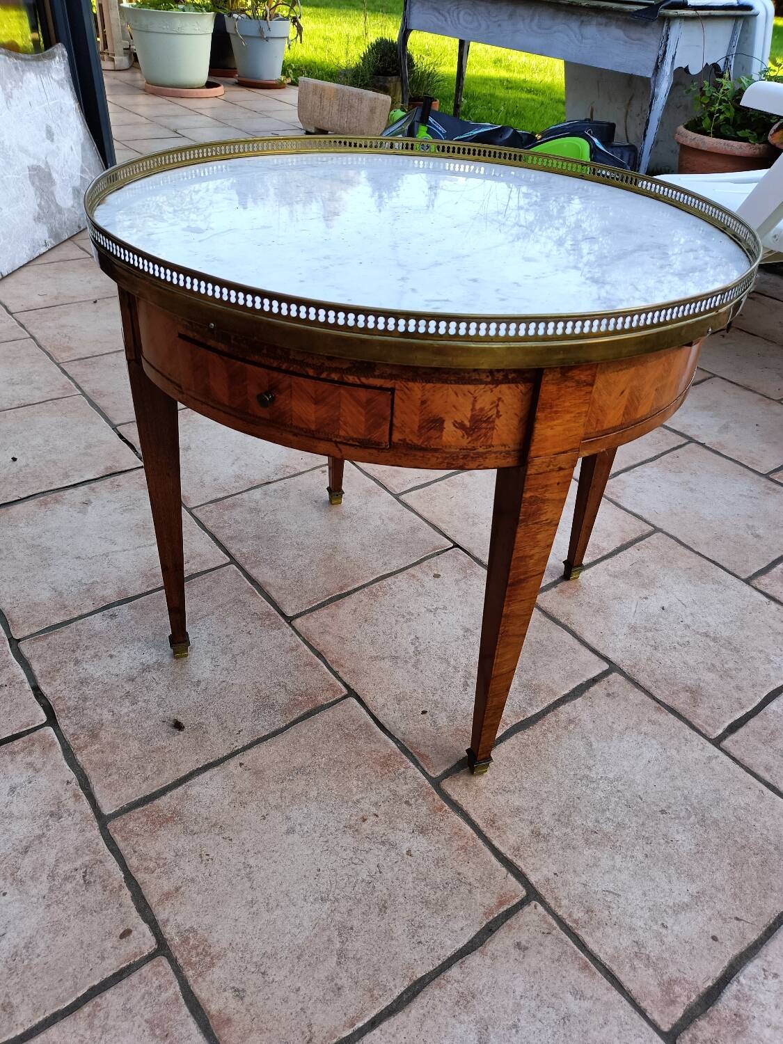 Antique Louis XVI style hot water bottle table with marble top